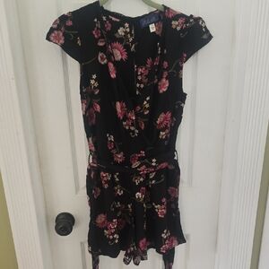 Francesca Blue Rain Black Romper with Pink Floral Design Cap Sleeves Small NWT